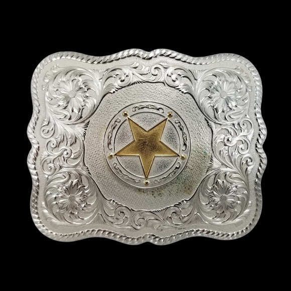 Montana Silversmiths Western Lone Star Belt Buckle Silver Tone Gold Star Texas - Picture 3 of 11